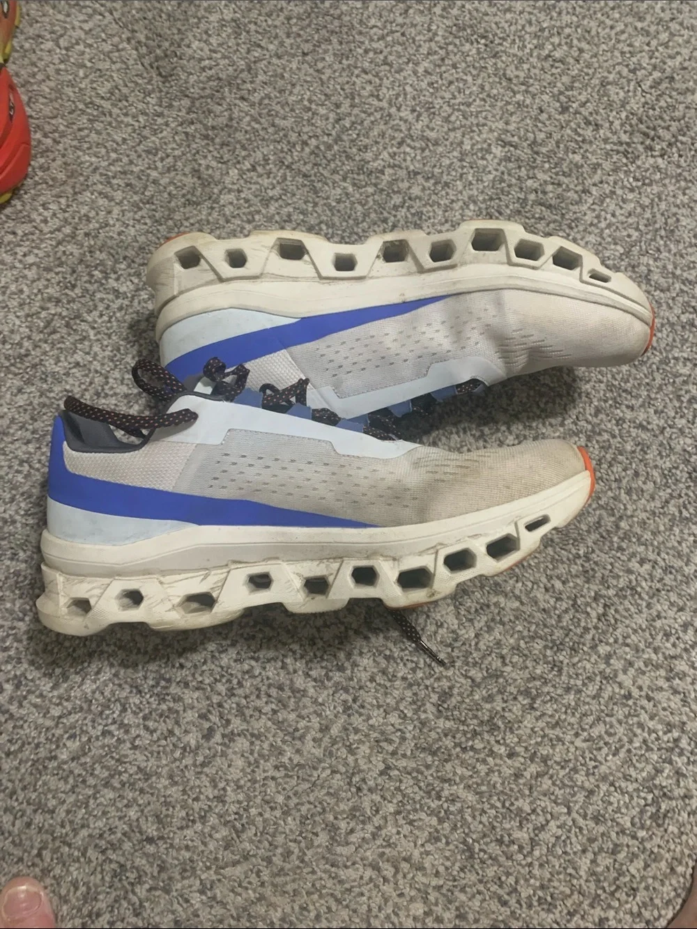 On Running Men's Cloudmonster Sneakers in White with Blue and Orange Accents